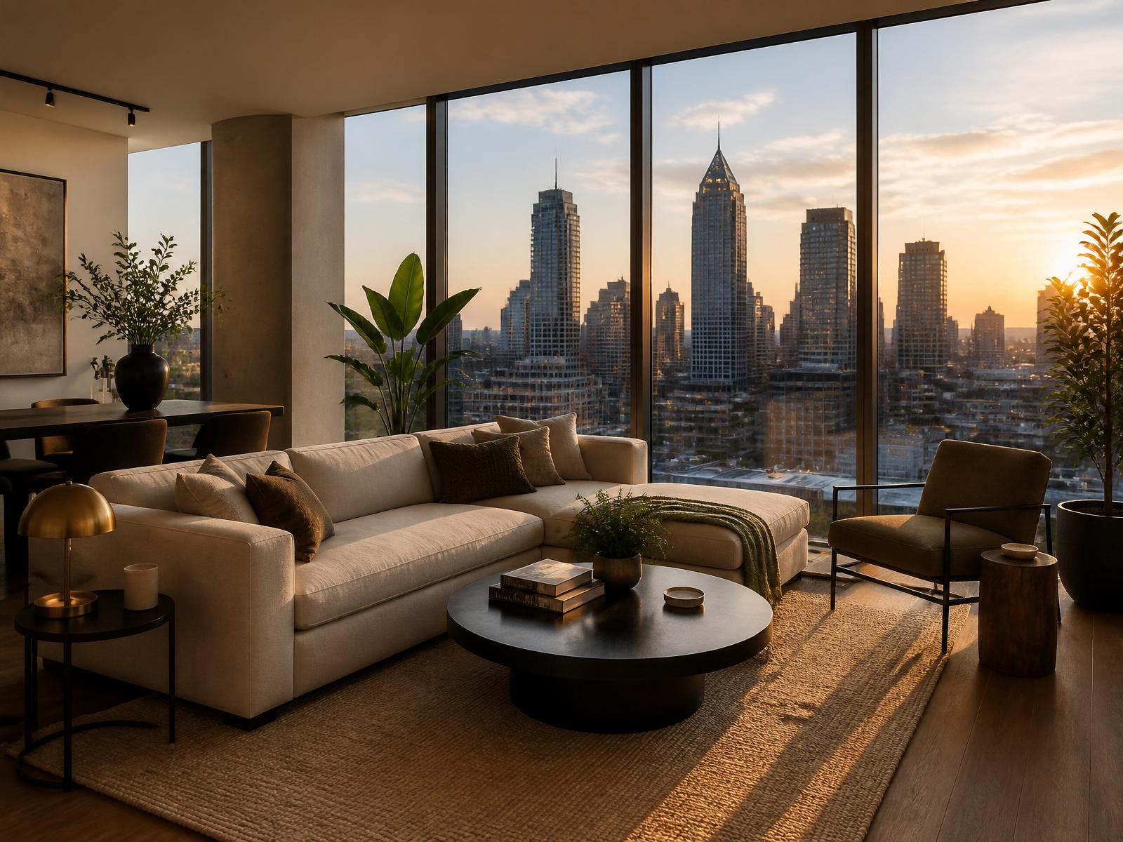 Modern Midtown Atlanta apartment interior at golden hour